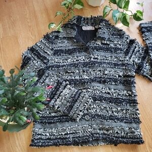 Vintage Jacket Raw Edges Black White Small Winter Fall Grandmother Funky Retro